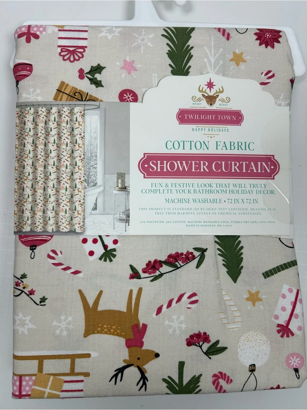 Twilight Town Christmas Reindeer Pink Peppermint Shower Curtain 72x72 NWT